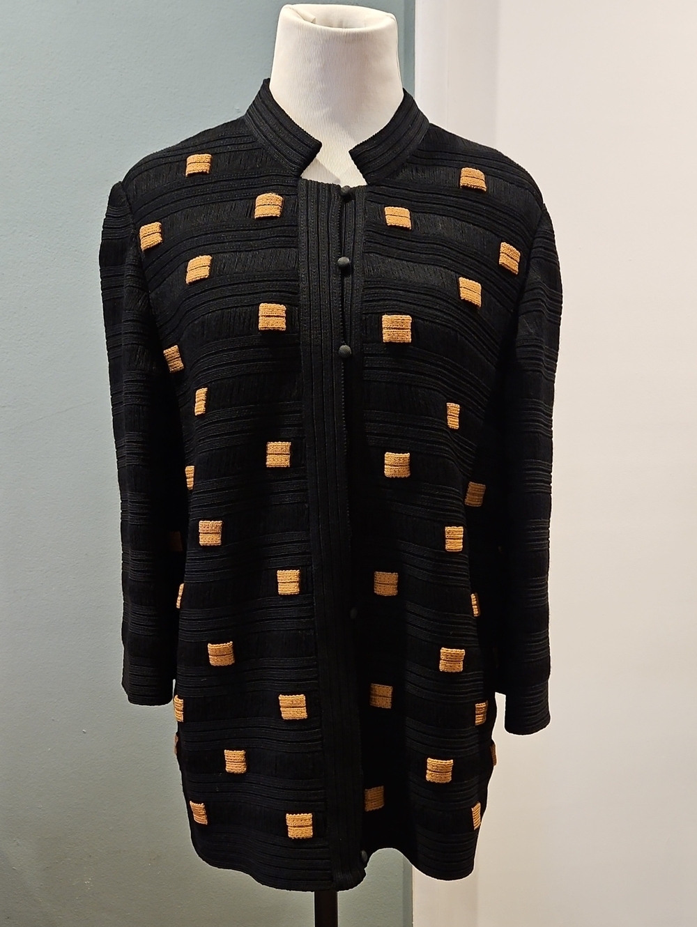 Lined Textured Knit Coat with Tan Accent Squares 0274